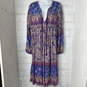 Womens Long Sleeve Floral Print Retro V Neck Tassel Midi Dress Size Medium 8/10